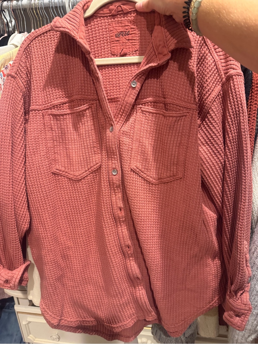 Aerie Washed Waffle Knit Button-Up Shirt - Dusty Rose